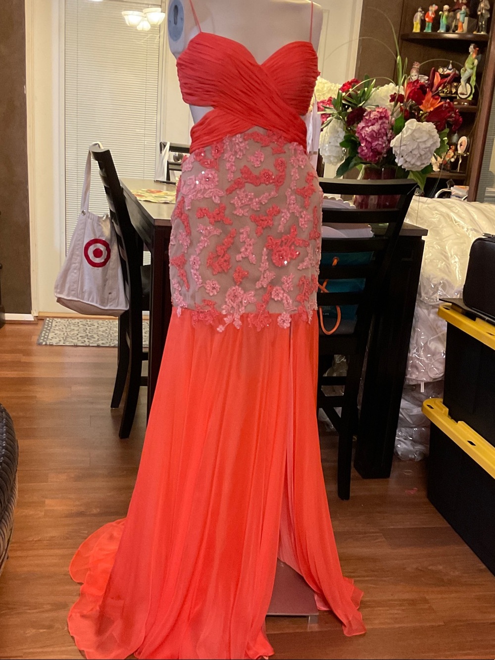 Sherri Hill Coral Lace Appliqué Prom Gown